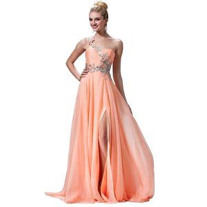 Women's Formal One Shoulder Rhinestones beaded Long Evening Gown prom dr…
